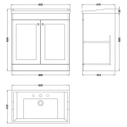 Classique 800mm Freestanding 2 Door Unit & 3 Tap Hole Fireclay Basin - Soft Black - Technical Drawing