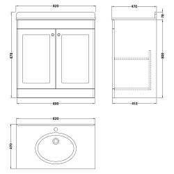 Classique 800mm Freestanding 2 Door Unit & 1 Tap Hole Marble Top with Oval Basin - Soft Black/Bellato Grey - Technical Drawing
