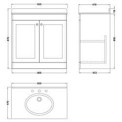 Classique 800mm Freestanding 2 Door Unit & 3 Tap Hole Marble Top with Oval Basin - Soft Black/White Sparkle - Technical Drawing