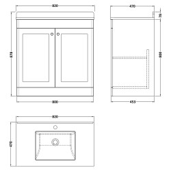 Classique 800mm Freestanding 2 Door Unit & 1 Tap Hole Marble Top with Square Basin - Soft Black - Technical Drawing
