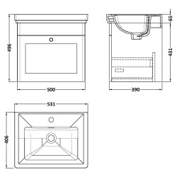 Classique 500mm Wall Hung 1 Drawer Vanity Unit with 1 Tap Hole Basin - Soft Black - Technical Drawing