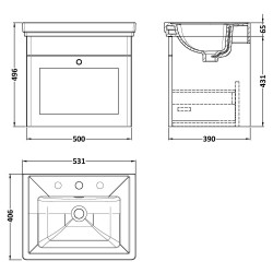 Classique 500mm Wall Hung 1 Drawer Vanity Unit with 3 Tap Hole Basin - Soft Black - Technical Drawing