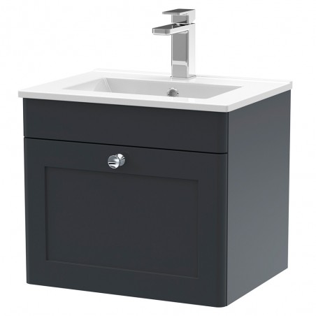 Classique 500mm Wall Hung 1 Drawer Unit & Minimalist Ceramic Basin - Soft Black