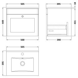 Classique 500mm Wall Hung 1 Drawer Unit & Minimalist Ceramic Basin - Soft Black - Technical Drawing