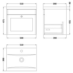 Classique 500mm Wall Hung 1 Drawer Unit & Mid-Edge Ceramic Basin - Soft Black - Technical Drawing