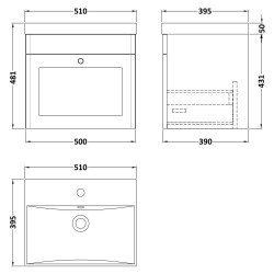 Classique 500mm Wall Hung 1 Drawer Unit & Thin-Edge Ceramic Basin - Soft Black - Technical Drawing
