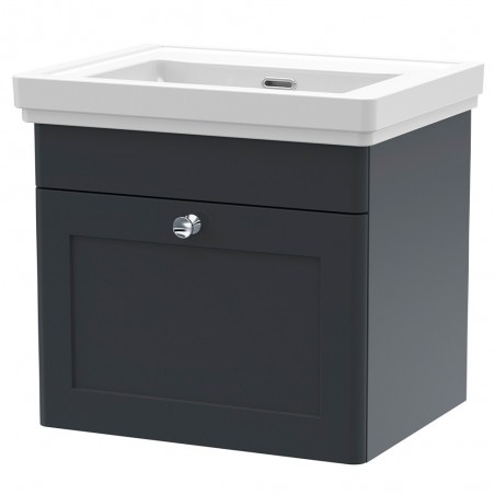 Classique 500mm Wall Hung 1 Drawer Unit & 0 Tap Hole Fireclay Basin - Soft Black