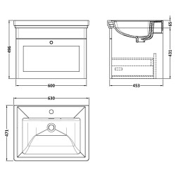 Classique 600mm Wall Hung 1 Drawer Vanity Unit with 1 Tap Hole Basin - Soft Black - Technical Drawing