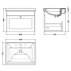 Classique 600mm Wall Hung 1 Drawer Vanity Unit with 3 Tap Hole Basin - Soft Black - Technical Drawing