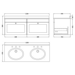 Classique 1200mm Wall Hung 2 Drawer Unit & 3 Tap Hole Marble Top with Oval Basin - Soft Black/Black Sparkle - Technical Drawing