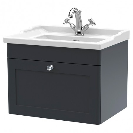 Classique 600mm Wall Hung 1 Drawer Unit & 1 Tap Hole Fireclay Basin - Soft Black