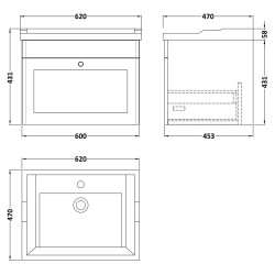 Classique 600mm Wall Hung 1 Drawer Unit & 1 Tap Hole Fireclay Basin - Soft Black - Technical Drawing