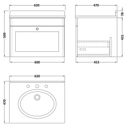 Classique 600mm Wall Hung 1 Drawer Unit & 3 Tap Hole Marble Top with Oval Basin - Soft Black/Bellato Grey - Technical Drawing