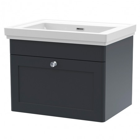 Classique 600mm Wall Hung 1 Drawer Unit & 0 Tap Hole Fireclay Basin - Soft Black