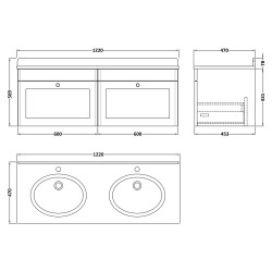 Classique 1200mm Wall Hung 2 Drawer Unit & 1 Tap Hole Marble Top with Oval Basin - Soft Black/White Sparkle - Technical Drawing