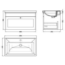 Classique 800mm Wall Hung 1 Drawer Vanity Unit with 1 Tap Hole Basin - Soft Black - Technical Drawing