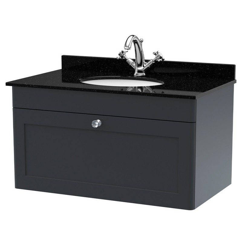 Classique 800mm Wall Hung 1 Drawer Unit & 1 Tap Hole Marble Top with Oval Basin - Soft Black/Black Sparkle Classique 800mm Wall Hung 1 Drawer Unit & 1 Tap Hole Marble Top with Oval Basin - Soft Black/Black Sparkle