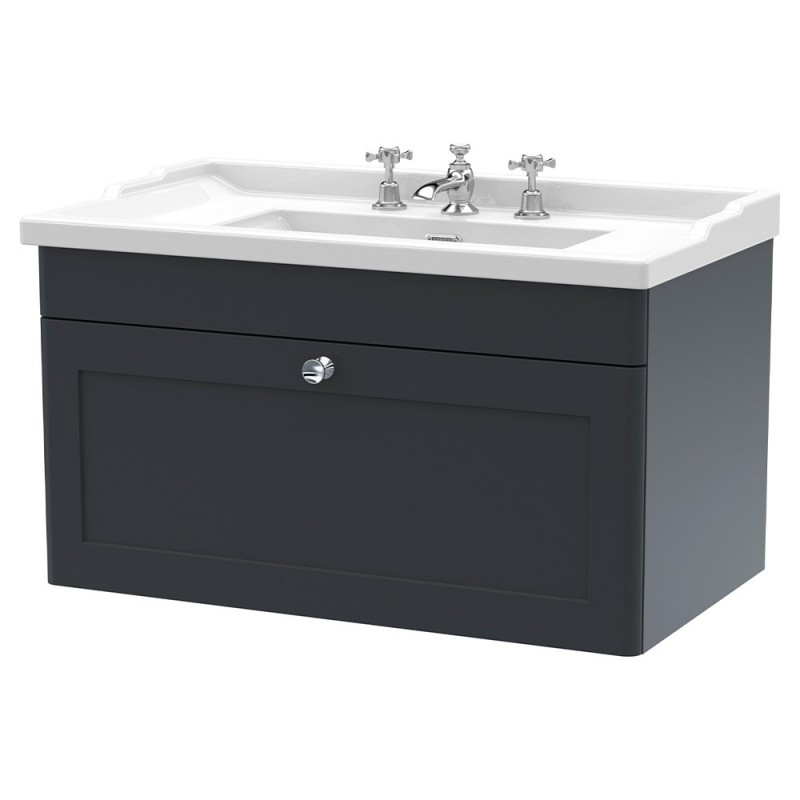 Classique 800mm Wall Hung 1 Drawer Unit & 3 Tap Hole Fireclay Basin - Soft Black Classique 800mm Wall Hung 1 Drawer Unit & 3 Tap Hole Fireclay Basin - Soft Black