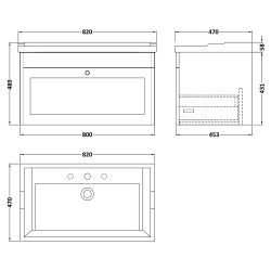 Classique 800mm Wall Hung 1 Drawer Unit & 3 Tap Hole Fireclay Basin - Soft Black - Technical Drawing