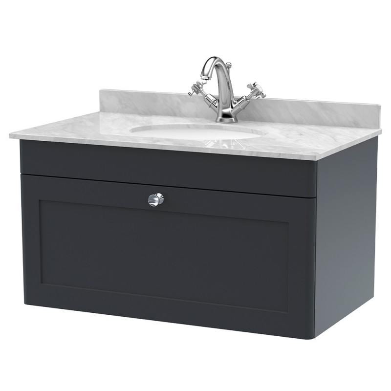 Classique 800mm Wall Hung 1 Drawer Unit & 1 Tap Hole Marble Top with Oval Basin - Soft Black/Bellato Grey Classique 800mm Wall Hung 1 Drawer Unit & 1 Tap Hole Marble Top with Oval Basin - Soft Black/Bellato Grey
