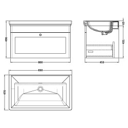 Classique 800mm Wall Hung 1 Drawer Unit & 0 Tap Hole Fireclay Basin - Soft Black - Technical Drawing