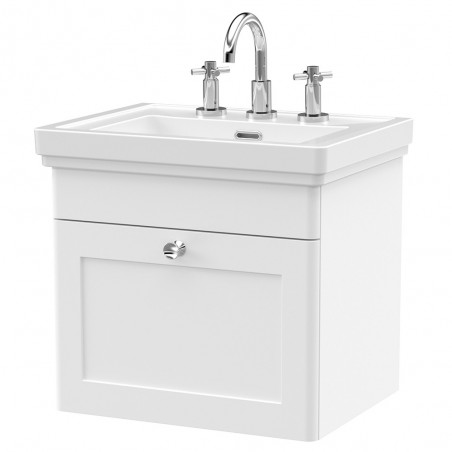 Classique 500mm Wall Hung 1 Drawer Vanity Unit with Basin Satin White - 3 Tap Hole