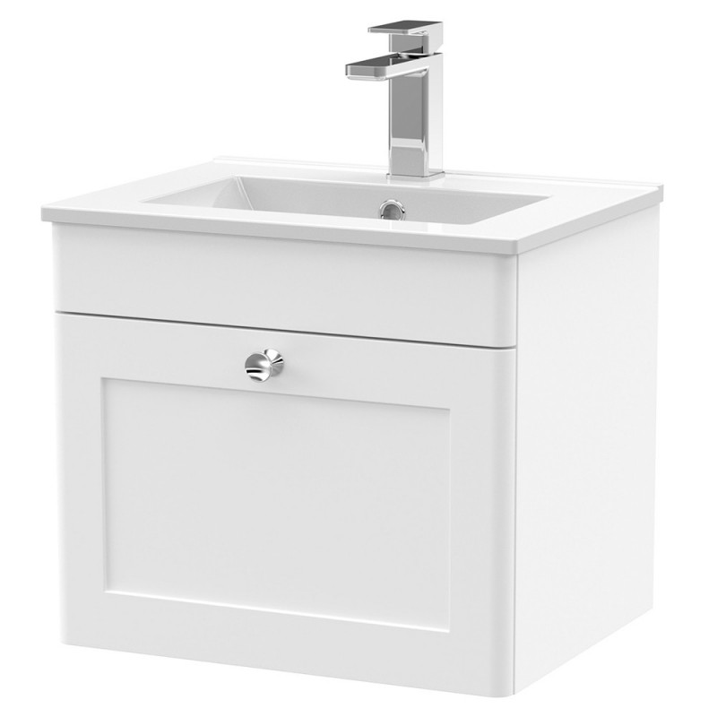 Classique 500mm Wall Hung 1 Drawer Unit & Minimalist Ceramic Basin - Satin White Classique 500mm Wall Hung 1 Drawer Unit & Minimalist Ceramic Basin - Satin White