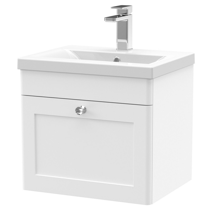 Classique 500mm Wall Hung 1 Drawer Unit & Mid-Edge Ceramic Basin - Satin White Classique 500mm Wall Hung 1 Drawer Unit & Mid-Edge Ceramic Basin - Satin White