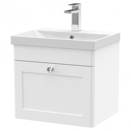 Classique 500mm Wall Hung 1 Drawer Unit & Thin-Edge Ceramic Basin - Satin White