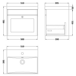 Classique 500mm Wall Hung 1 Drawer Unit & Thin-Edge Ceramic Basin - Satin White - Technical Drawing