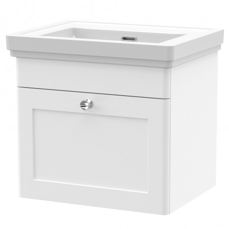 Classique 500mm Wall Hung 1 Drawer Unit & 0 Tap Hole Fireclay Basin - Satin White