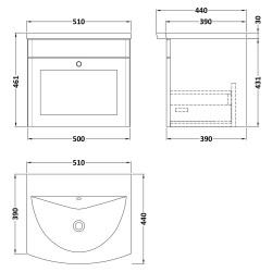 Classique 500mm Wall Hung 2 Door Unit & Curved Basin - Satin White - Technical Drawing