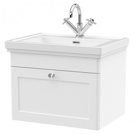 Classique 600mm Wall Hung 1 Drawer Vanity Unit with Basin Satin White - 1 Tap Hole