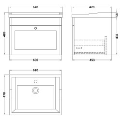 Classique 600mm Wall Hung 1 Drawer Unit & 3 Tap Hole Fireclay Basin - Satin White - Technical Drawing
