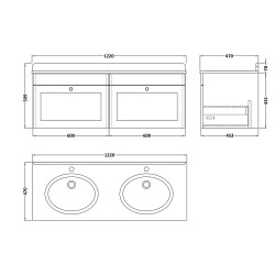 Classique 1200mm Wall Hung 2 Drawer Unit & 1 Tap Hole Marble Top with Oval Basin - Satin White/Bellato Grey - Technical Drawing