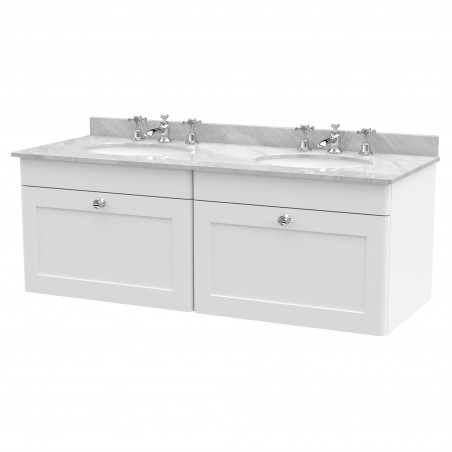 Classique 1200mm Wall Hung 2 Drawer Unit & 3 Tap Hole Marble Top with Oval Basin - Satin White/Bellato Grey