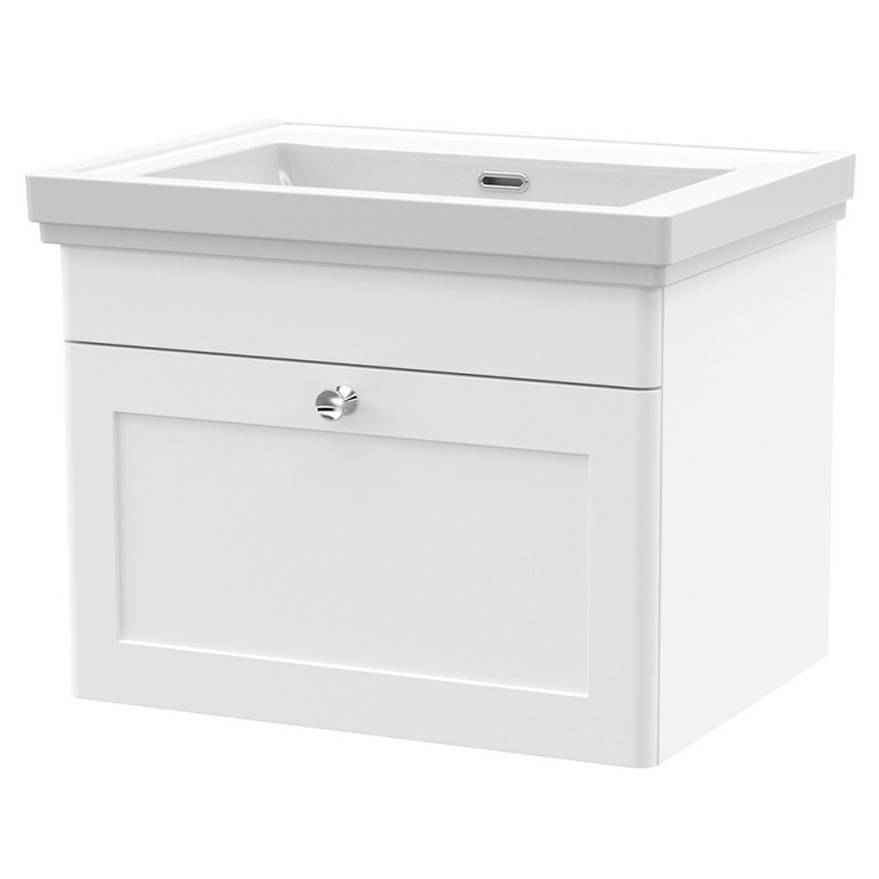 Classique 600mm Wall Hung 1 Drawer Unit & 0 Tap Hole Fireclay Basin - Satin White