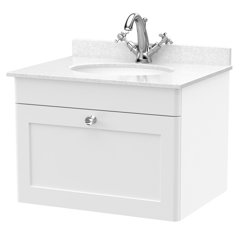 Classique 600mm Wall Hung 1 Drawer Unit & 1 Tap Hole Marble Top with Oval Basin - Satin White/White Sparkle Classique 600mm Wall Hung 1 Drawer Unit & 1 Tap Hole Marble Top with Oval Basin - Satin White/White Sparkle