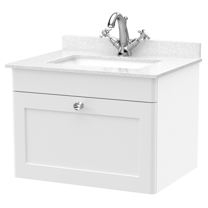 Classique 600mm Wall Hung 1 Drawer Unit & 1 Tap Hole Marble Top with Square Basin - Satin White/White Sparkle Classique 600mm Wall Hung 1 Drawer Unit & 1 Tap Hole Marble Top with Square Basin - Satin White/White Sparkle