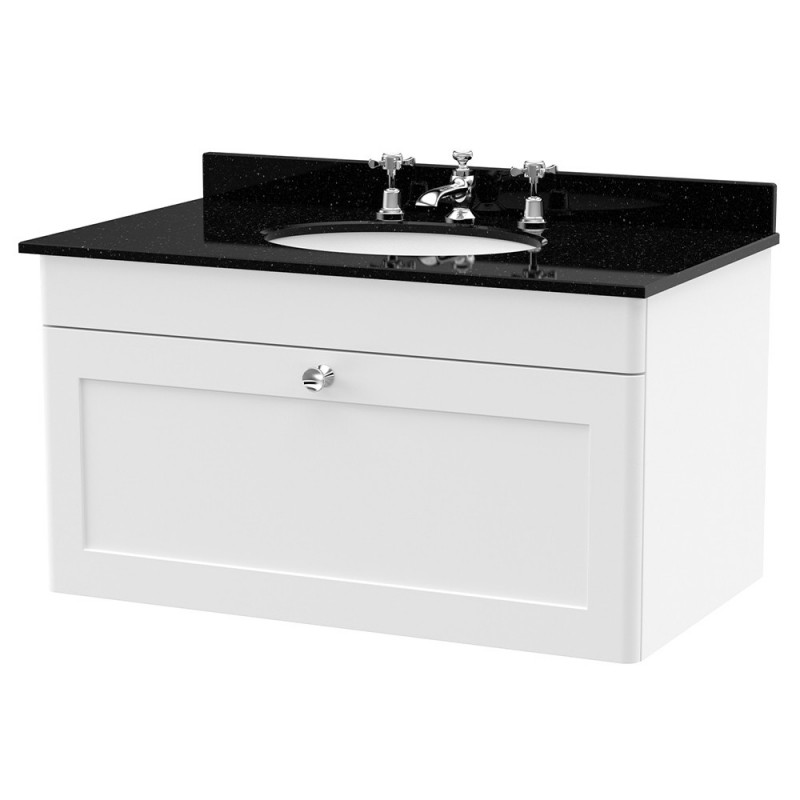 Classique 800mm Wall Hung 1 Drawer Unit & 3 Tap Hole Marble Top with Oval Basin - Satin White/Black Sparkle Classique 800mm Wall Hung 1 Drawer Unit & 3 Tap Hole Marble Top with Oval Basin - Satin White/Black Sparkle