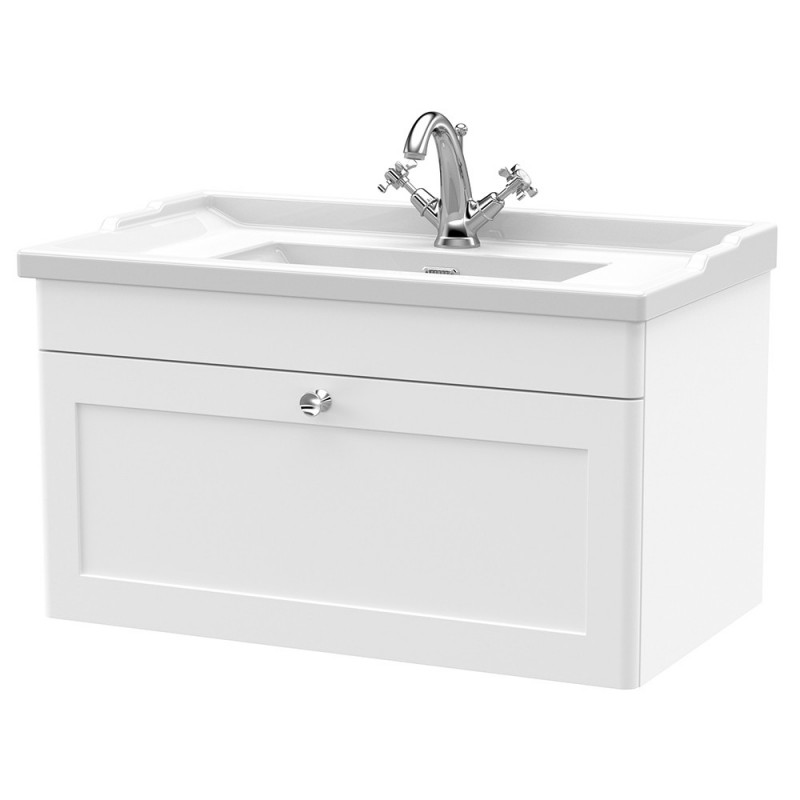 Classique 800mm Wall Hung 1 Drawer Unit & 1 Tap Hole Fireclay Basin - Satin White Classique 800mm Wall Hung 1 Drawer Unit & 1 Tap Hole Fireclay Basin - Satin White