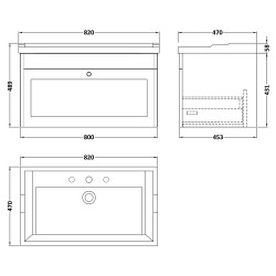 Classique 800mm Wall Hung 1 Drawer Unit & 3 Tap Hole Fireclay Basin - Satin White - Technical Drawing