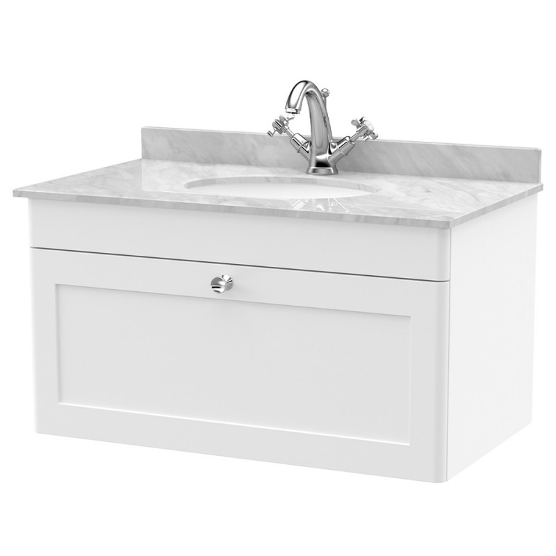 Classique 800mm Wall Hung 1 Drawer Unit & 1 Tap Hole Marble Top with Oval Basin - Satin White/Bellato Grey Classique 800mm Wall Hung 1 Drawer Unit & 1 Tap Hole Marble Top with Oval Basin - Satin White/Bellato Grey