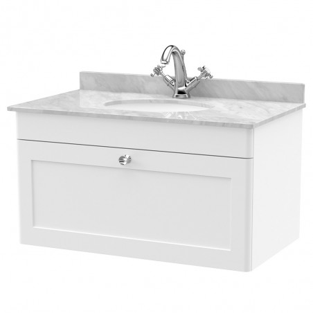 Classique 800mm Wall Hung 1 Drawer Unit & 1 Tap Hole Marble Top with Oval Basin - Satin White/Bellato Grey