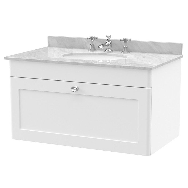 Classique 800mm Wall Hung 1 Drawer Unit & 3 Tap Hole Marble Top with Oval Basin - Satin White/Bellato Grey Classique 800mm Wall Hung 1 Drawer Unit & 3 Tap Hole Marble Top with Oval Basin - Satin White/Bellato Grey