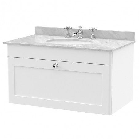 Classique 800mm Wall Hung 1 Drawer Unit & 3 Tap Hole Marble Top with Oval Basin - Satin White/Bellato Grey