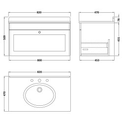 Classique 800mm Wall Hung 1 Drawer Unit & 3 Tap Hole Marble Top with Oval Basin - Satin White/White Sparkle - Technical Drawing