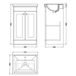 Classique 500mm Freestanding 2 Door Vanity Unit with Basin Satin Grey - 1 Tap Hole - Technical Drawing