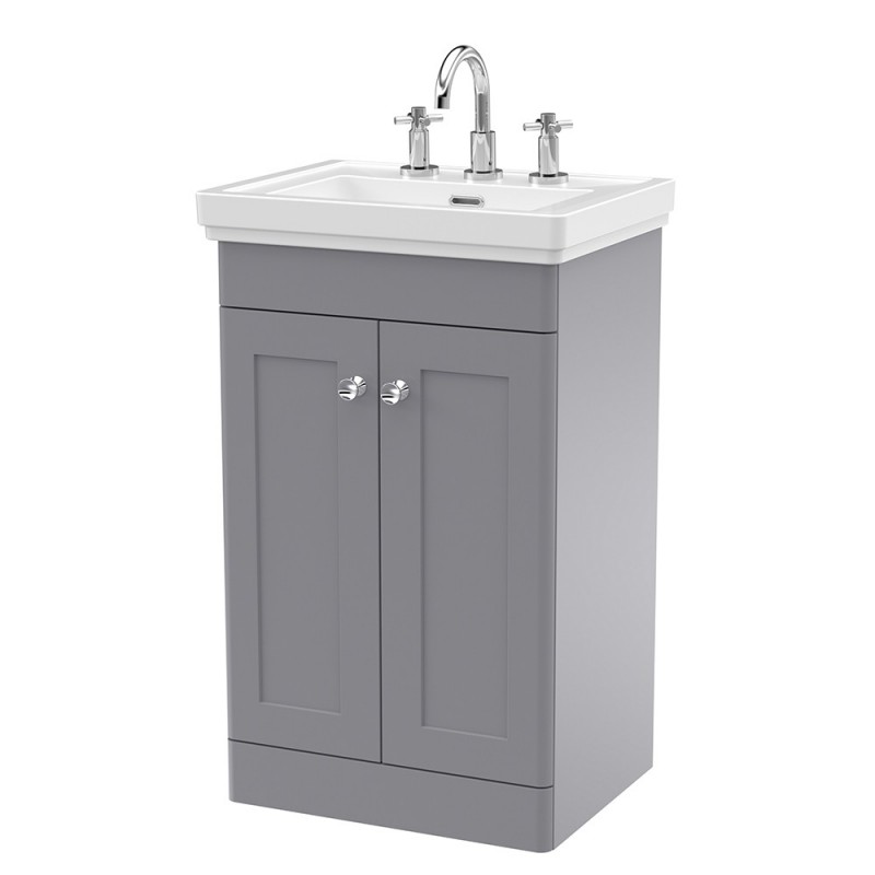Classique 500mm Freestanding 2 Door Vanity Unit with Basin Satin Grey - 3 Tap Hole Classique 500mm Freestanding 2 Door Vanity Unit with Basin Satin Grey - 3 Tap Hole