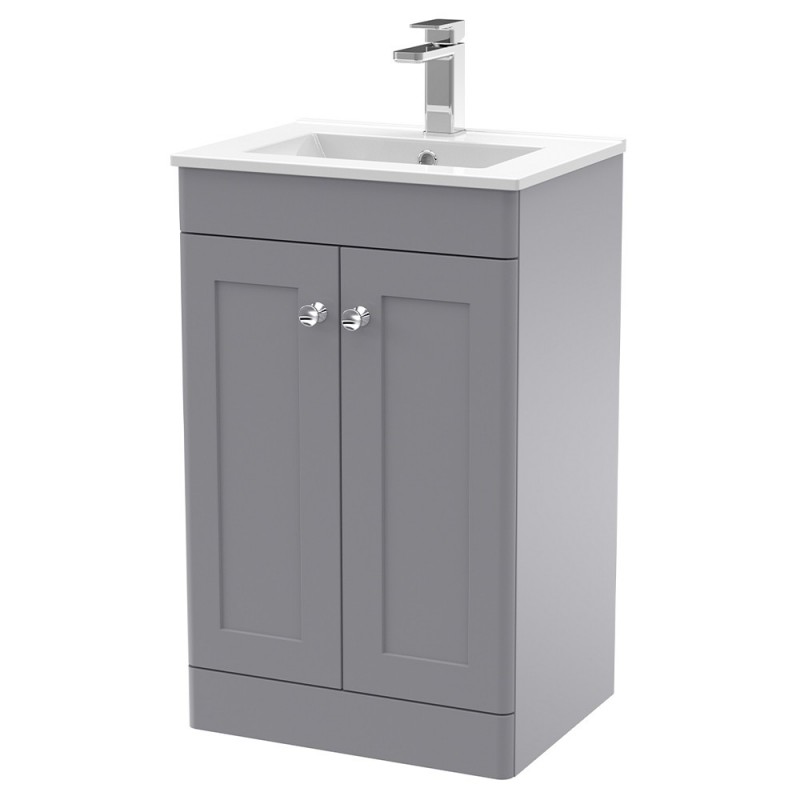 Classique 500mm Freestanding 2 Door Unit & Minimalist Ceramic Basin - Satin Grey Classique 500mm Freestanding 2 Door Unit & Minimalist Ceramic Basin - Satin Grey